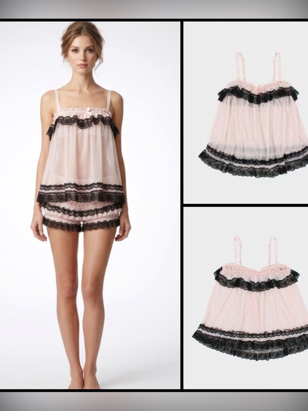 Vintage Victoria’s Secret Y2K Sheer Pink Black Lace Babydoll Milkmaid Cami Top M